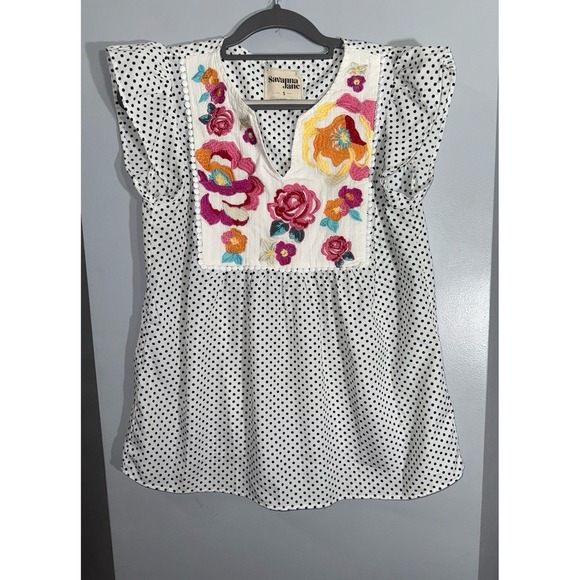 Savannah Jane black and white polka‎ dot top with floral embroidered yoke small - Picture 1 of 5